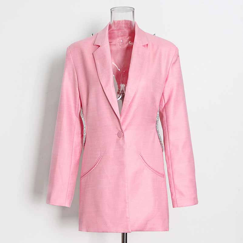 Women Deep-V One Button Blazer Clear Back Mid-Length Blazer