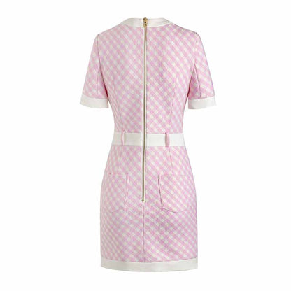 Women Short Sleeves Fitted checkered Mini Bodycon Dress
