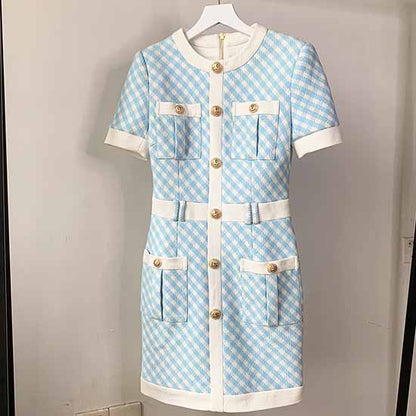 Women Short Sleeves Fitted checkered Mini Bodycon Dress