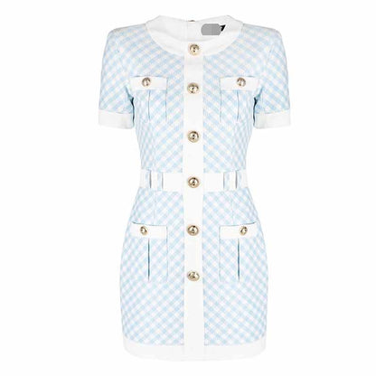Women Short Sleeves Fitted checkered Mini Bodycon Dress
