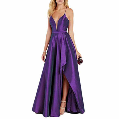 Women's Sexy Satin Deep V Neck Backless Hi Lo Prom Party Evening Dress