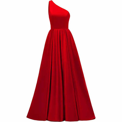Women's One Shoulder Prom Dress Long Satin Formal Evening Ball Wedding Gowns