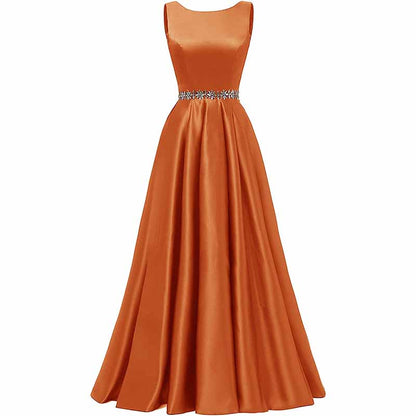 Women Long Prom Dress Satin A-Line with Beaded Belt Formal Evening Gown