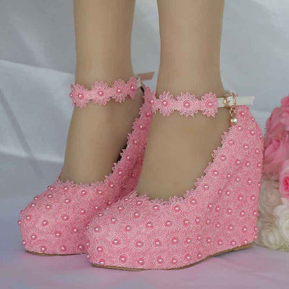 White Lace Wedding Shoes Wedges Heels Platform Wedges Pumps For Bridal