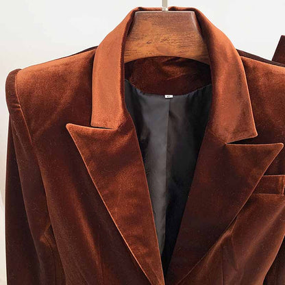 Women Velvet Bronze Green Purple Blazer + Flare Trousers Suit