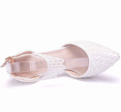 Women High Heels White Lace Wedding Shoes Pointed Toe Bridal Shoes