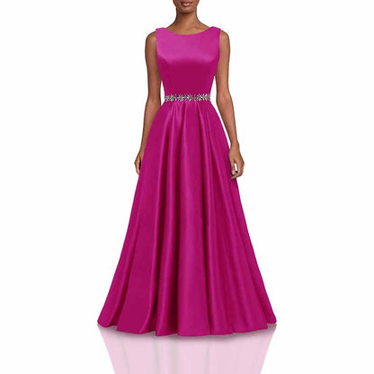 Women Long Prom Dress Satin A-Line with Beaded Belt Formal Evening Gown