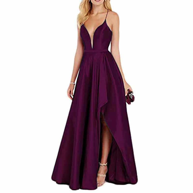 Women's Sexy Satin Deep V Neck Backless Hi Lo Prom Party Evening Dress