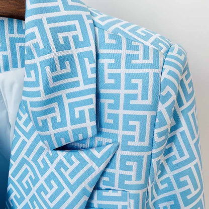 Women's Blue Blazer Labyrinth Pattern Jacket Coats with Gold Buttons