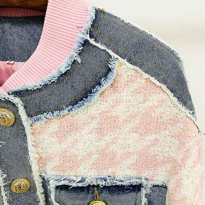 Women Luxury Denim Pink Houndstooth Tweed Jacket Coat Top + Mini Skirt 2 Piece Suit