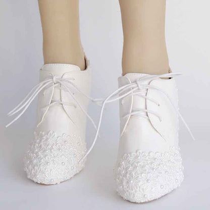 Wedding Platform Wedges Shoes Round Toe Lace Up Pumps Bridal Shoes