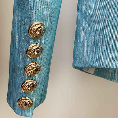 Women's Metal Lion Buttons Blue Fitted Blazer Coat