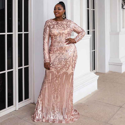 Women Plus Size Sequin Gown Dress Elegant Maxi Gowns with Sleeves