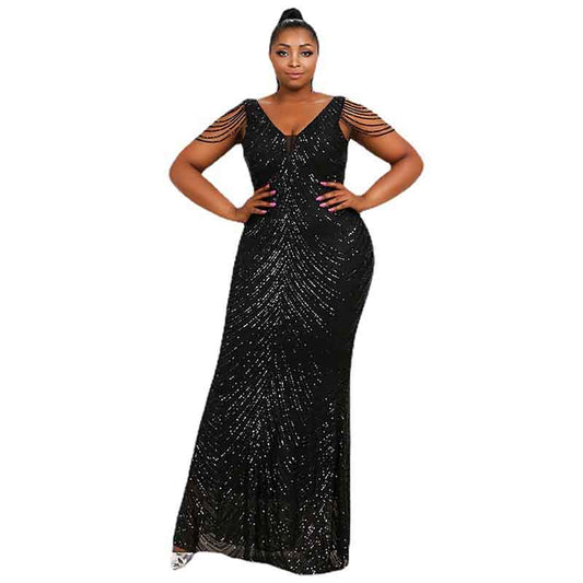 Women Plus Size Formal Gown Halter Sequin Tassel Sleeveless Maxi Prom Dress