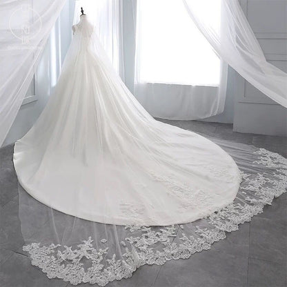 sd-hk A-Line V Neck Court Train Satin Long Sleeve Formal Plus Size Wedding Dresses