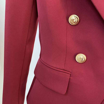 Womens Wine Red Jacket Coat Metal Lion Button Double Breasted Slim Blazer