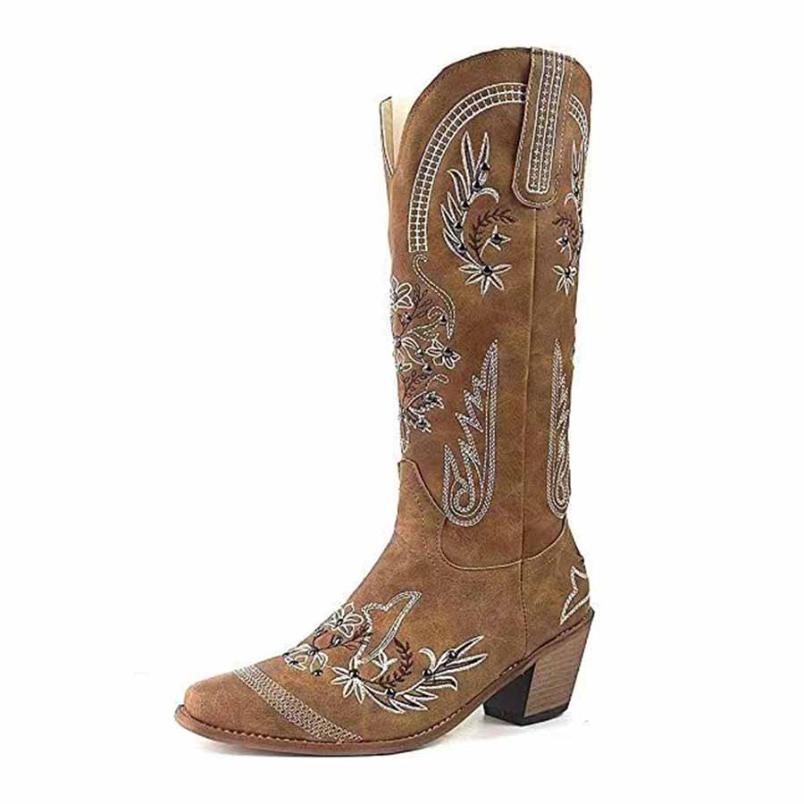 Brown floral embroidery wedding boots with detailed stitching for a stylish bridal look
