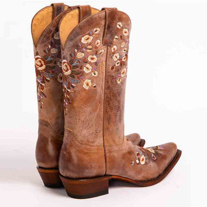 Flower embroidered cowgirl boots for women with intricate floral designs and a classic silhouette