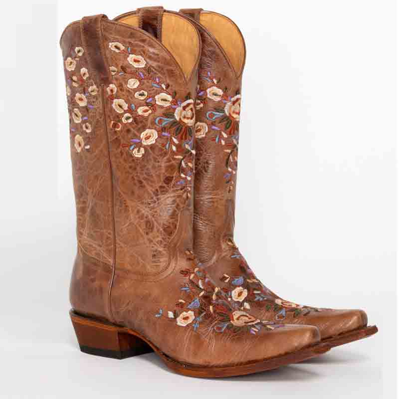 Flower embroidered cowgirl boots for women in brown with intricate floral designs