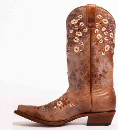 Flower embroidered cowgirl boots for women in light brown leather with intricate floral designs