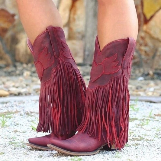 Stylish fringe cowboy boots for women in red with decorative fringe detail
