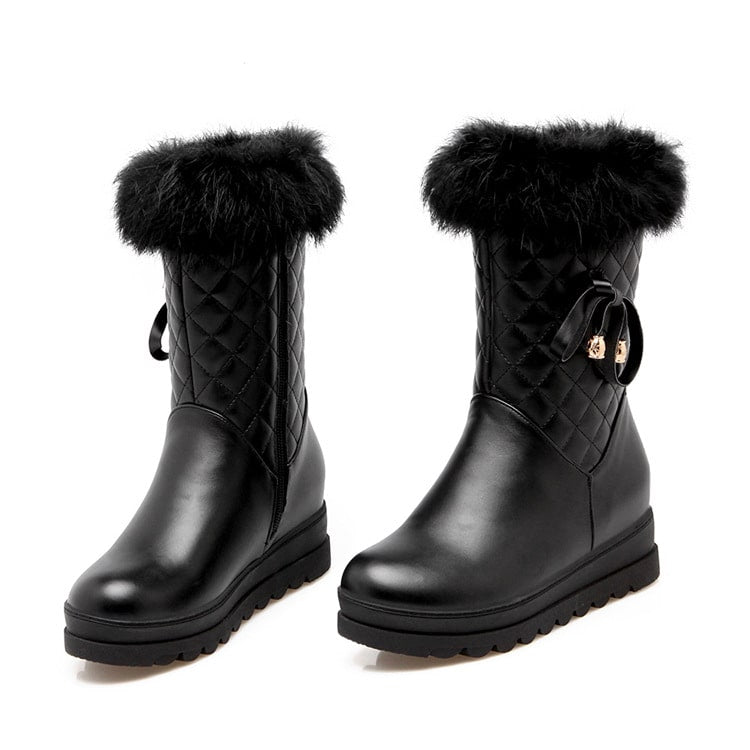 Stylish fur lined waterproof boots for girls with a quilted design and decorative bows