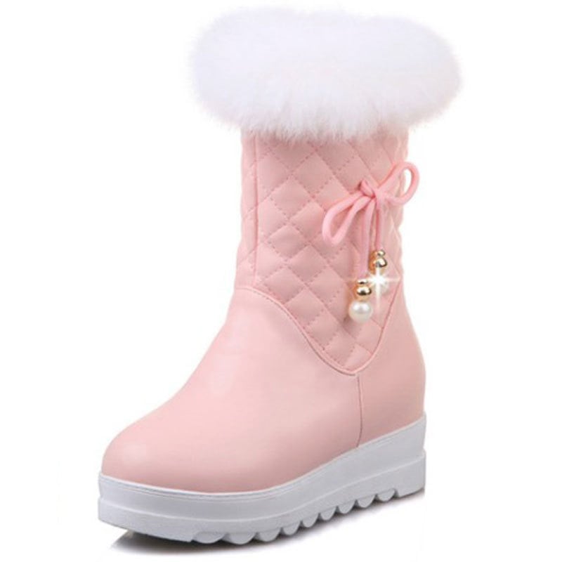 Pink S&DCo. fur lined waterproof boots for girls with a stylish quilted design and fluffy trim