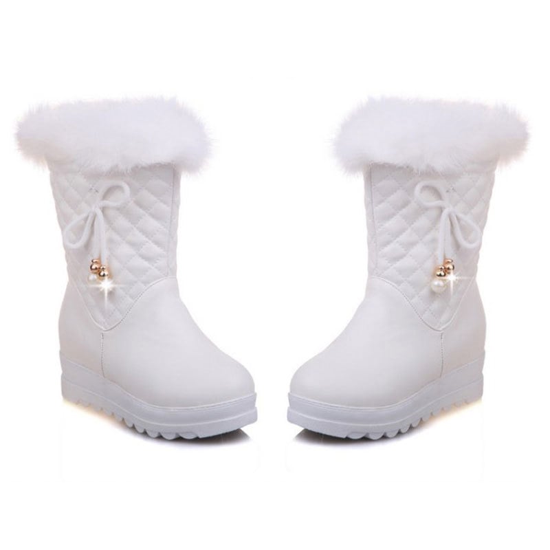 Stylish white fur lined waterproof boots for girls with decorative bow and pearl detail