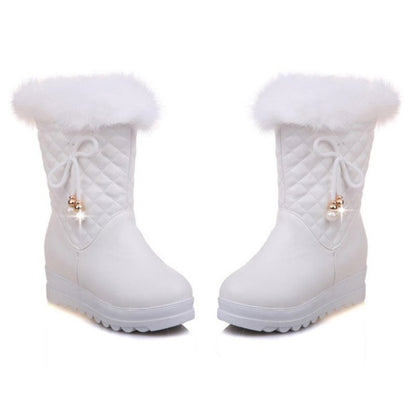 Stylish white fur lined waterproof boots for girls with decorative bow and pearl detail