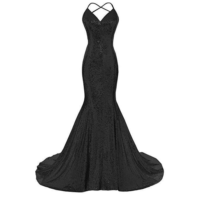 Elegant black glamorous evening mermaid dress with stylish crisscross straps and flared hem
