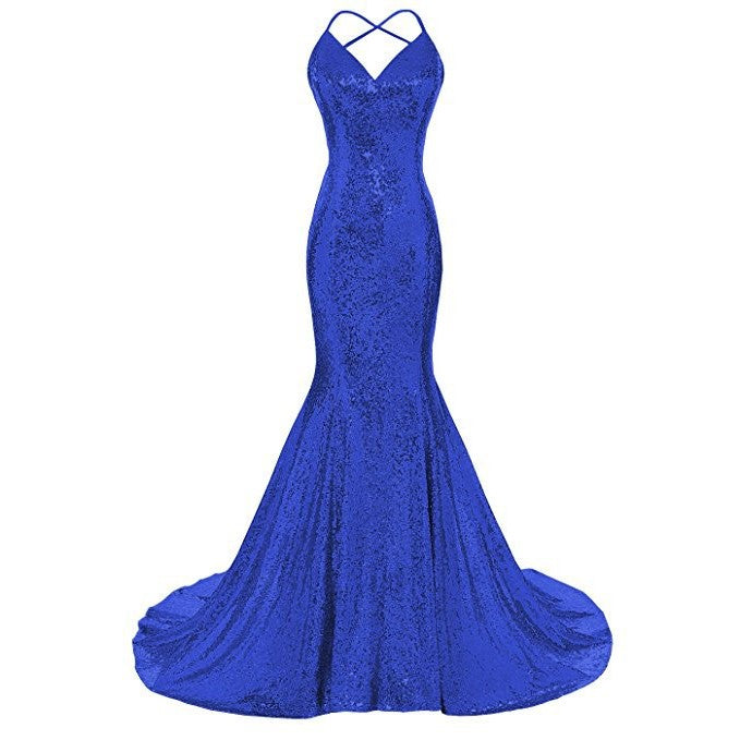 Stunning blue glamorous evening mermaid dress with a fitted silhouette and elegant strappy back.