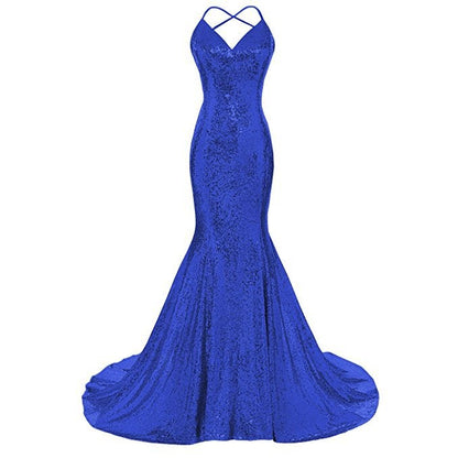 Stunning blue glamorous evening mermaid dress with a fitted silhouette and elegant strappy back.