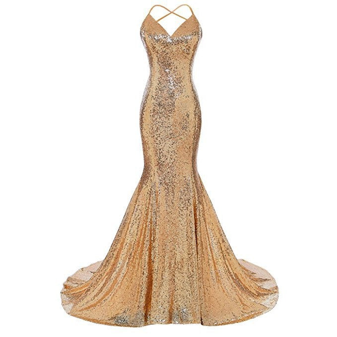 Gold sequined glamorous evening mermaid dress with spaghetti straps and a flared train