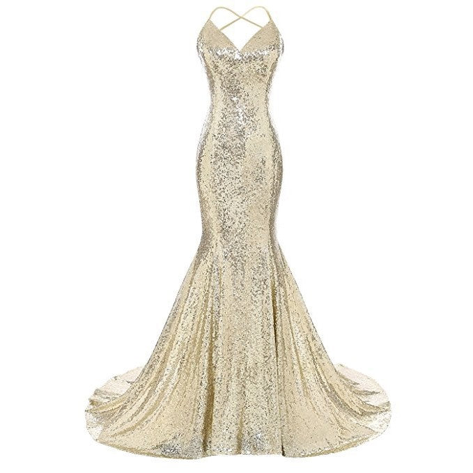 Stunning gold glamorous evening mermaid dress with sparkling sequins and elegant V straps