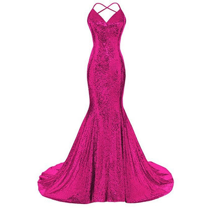 Glamorous evening mermaid dress in vibrant fuchsia with adjustable spaghetti straps and a sweeping train