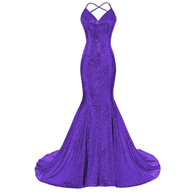 Stunning purple glamorous evening mermaid dress with spaghetti straps and a trailing skirt