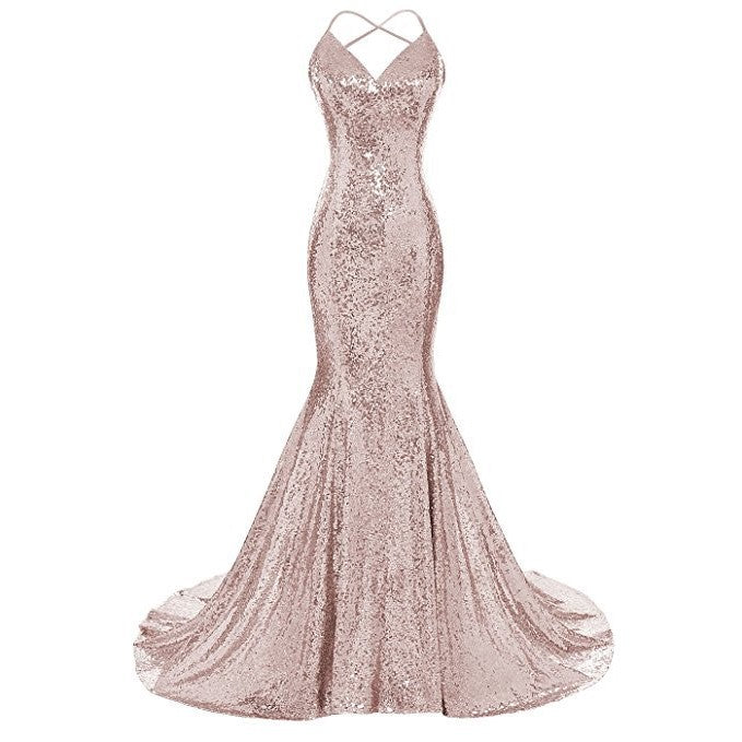 Glamorous evening mermaid dress with spaghetti straps and sequin detailing in rose gold