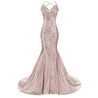 Glamorous evening mermaid dress with spaghetti straps and sequin detailing in rose gold