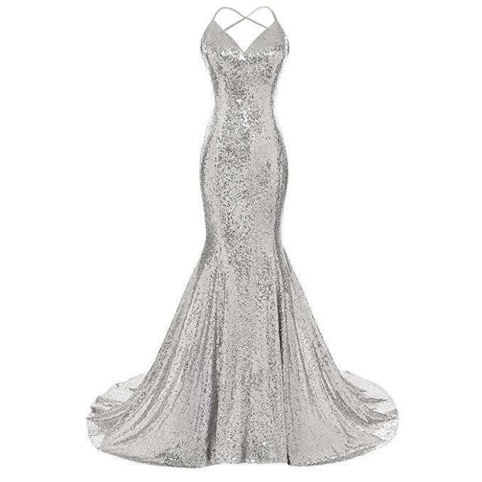 Shiny silver glamorous evening mermaid dress with crisscross straps and floor-length train