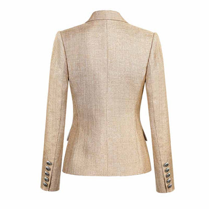 Women's Luxury Fitted Blazer Khaki Lion Buttons Coat Double Breasted Jacket