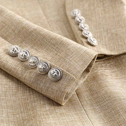 Women's Luxury Fitted Blazer Khaki Lion Buttons Coat Double Breasted Jacket