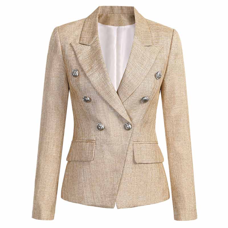 Women's Luxury Fitted Blazer Khaki Lion Buttons Coat Double Breasted Jacket