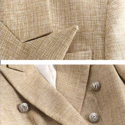 Women's Luxury Fitted Blazer Khaki Lion Buttons Coat Double Breasted Jacket
