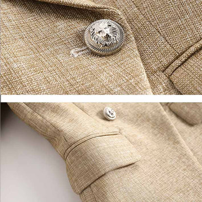 Women's Luxury Fitted Blazer Khaki Lion Buttons Coat Double Breasted Jacket