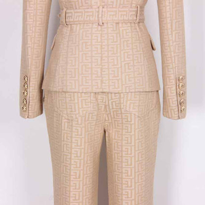 Women's Camel Pantsuit Gold Button Tie Belt Double Breasted Two Pieces Jacquard Suit