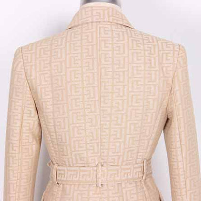 Women's Camel Pantsuit Gold Button Tie Belt Double Breasted Two Pieces Jacquard Suit