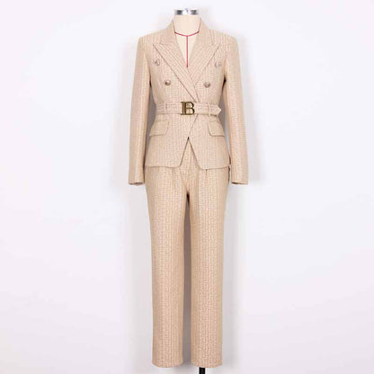 Women's Pantsuit Gold Button Tie Belt Double Breasted Two Pieces Jacquard Suit
