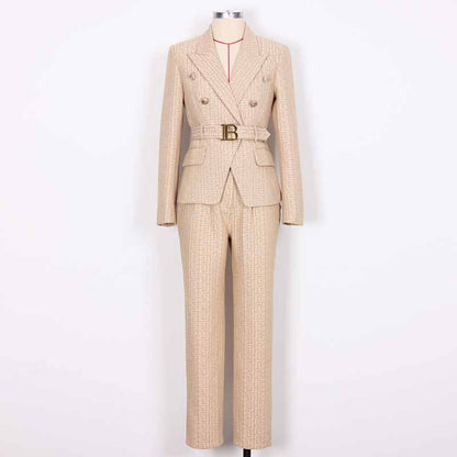 Women's Camel Pantsuit Gold Button Tie Belt Double Breasted Two Pieces Jacquard Suit