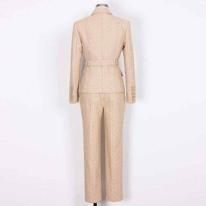 Women's Camel Pantsuit Gold Button Tie Belt Double Breasted Two Pieces Jacquard Suit