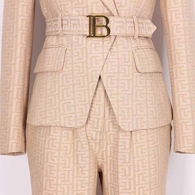 Women's Camel Pantsuit Gold Button Tie Belt Double Breasted Two Pieces Jacquard Suit